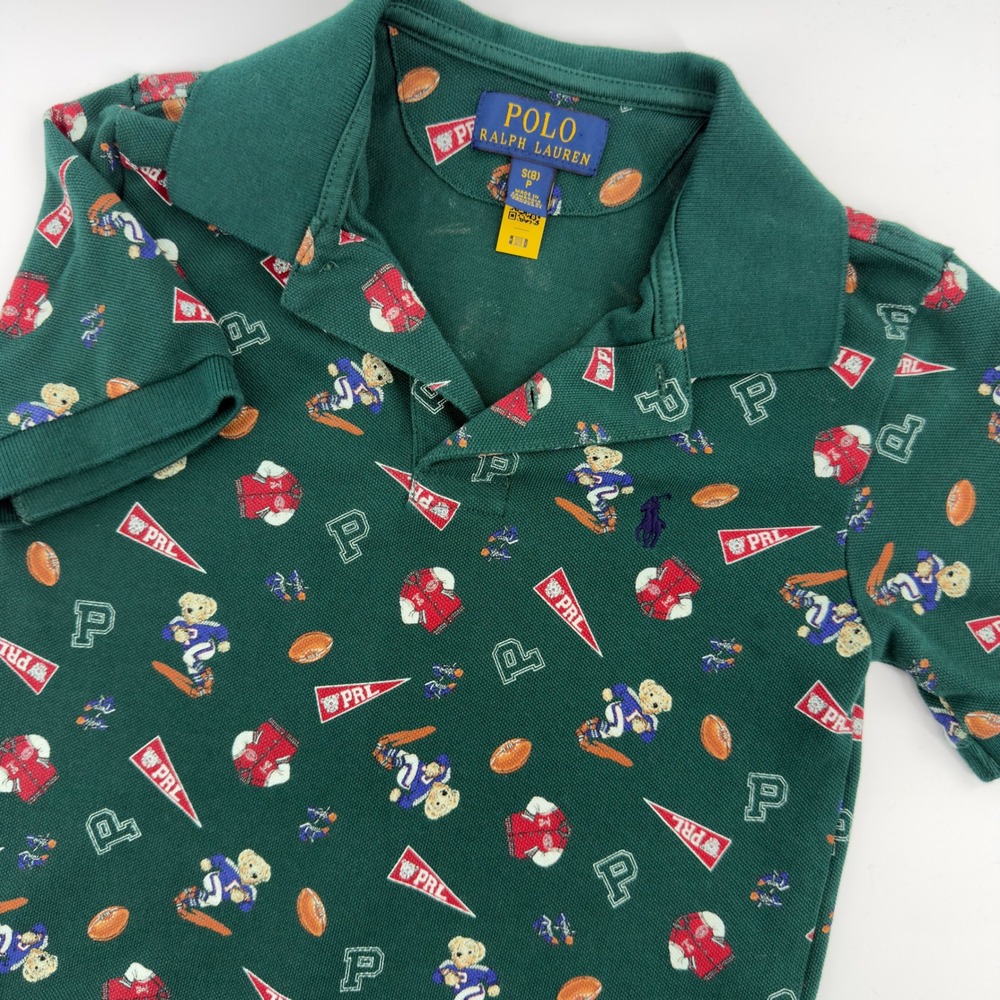 Polo Ralph Lauren Kids Green Polo Bear Football Collegiate Print Shirt Size S 8‎